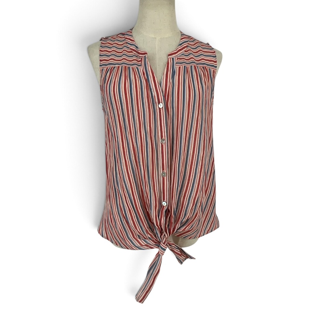 New Directions Womens Red White Blue Striped Tie Front Sleeveless Blouse Medium